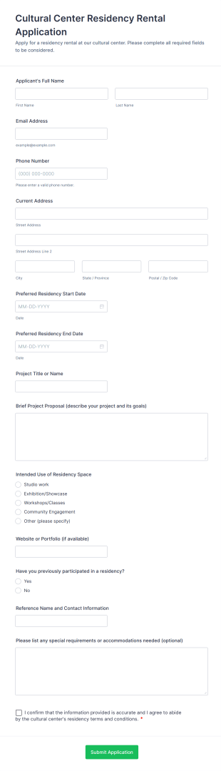 Cultural Center Residency Rental Application Form Template