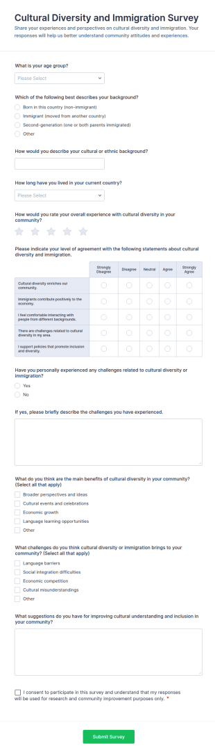 Cultural Diversity And Immigration Survey Form Template