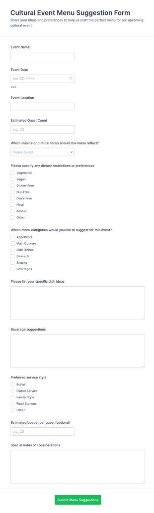 Cultural Event Menu Suggestion Form Template