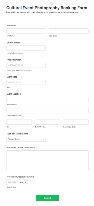 Cultural Event Photography Booking Form Template