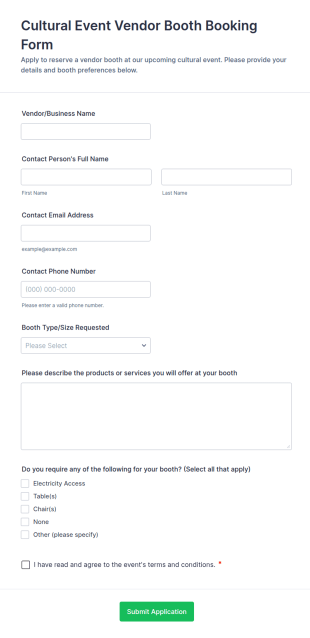 Cultural Event Vendor Booth Booking Form Template