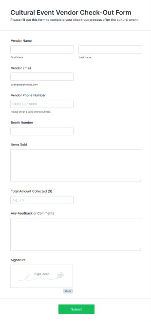 Cultural Event Vendor Check Out Form Template