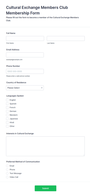 Cultural Exchange Members Club Membership Form Template