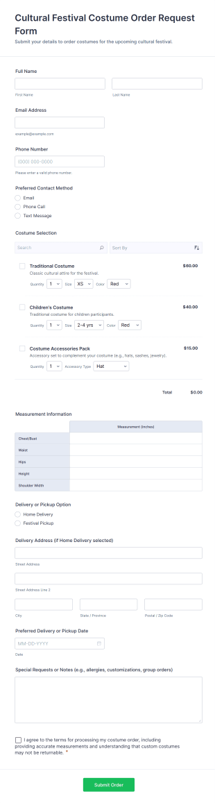 Cultural Festival Costume Order Request Form Template