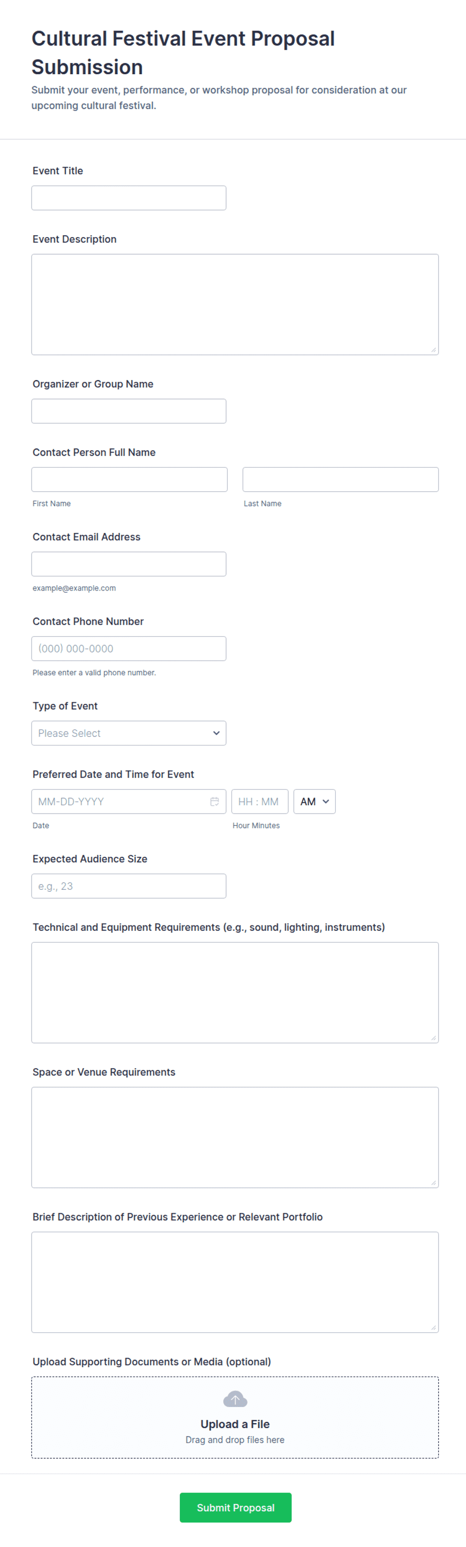 Cultural Festival Event Proposal Submission Form Template | Jotform
