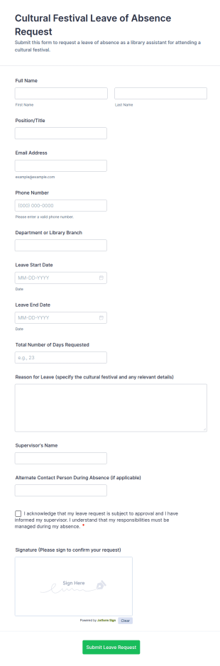 Cultural Festival Leave Of Absence Request Form Template