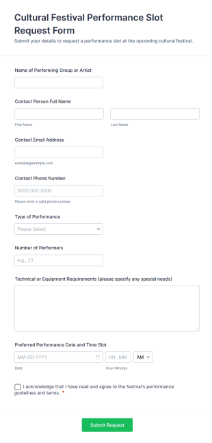 Cultural Festival Performance Slot Request Form Template