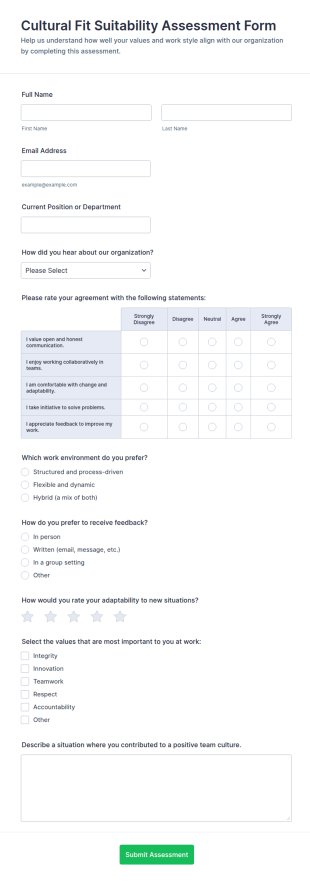 Cultural Fit Suitability Assessment Form Template
