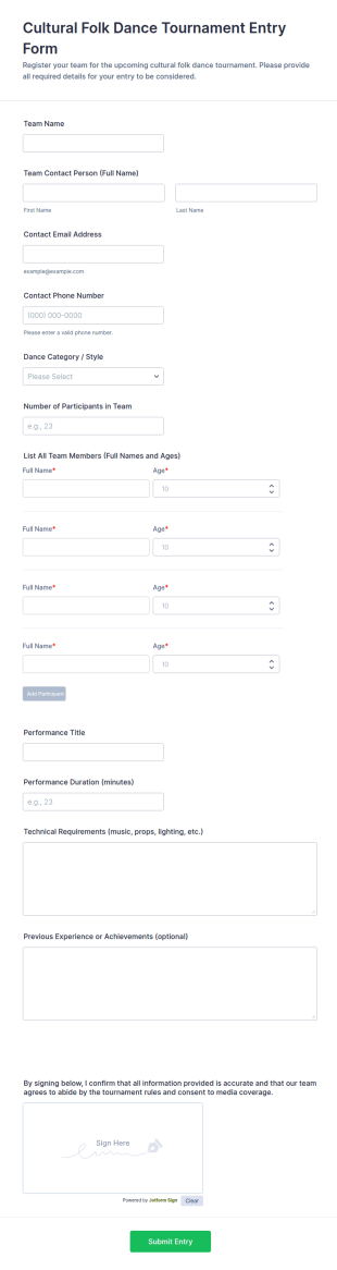 Cultural Folk Dance Tournament Entry Form Template