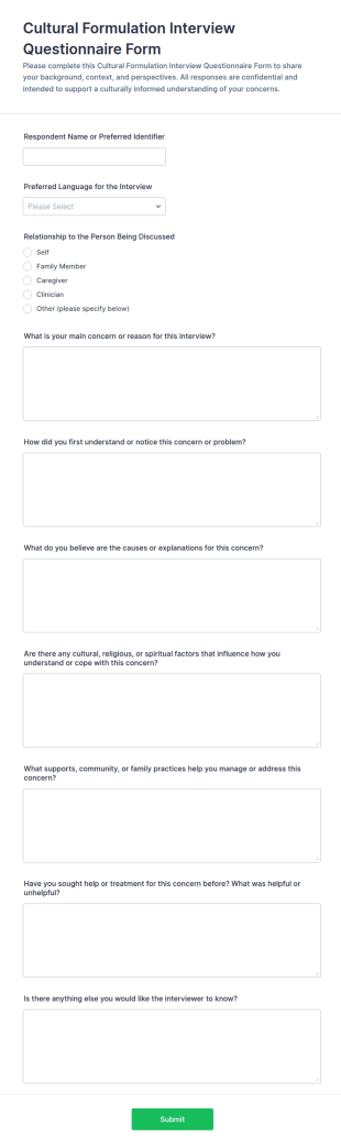 Cultural Formulation Interview Questionnaire Form Template