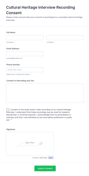 Cultural Heritage Interview Recording Consent Form Template