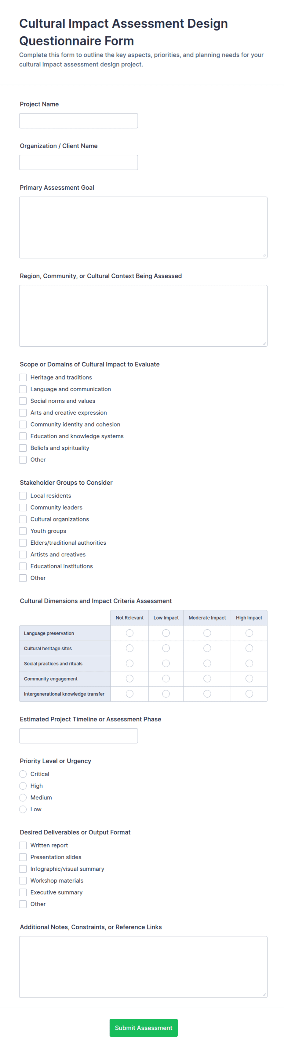Cultural Impact Assessment Design Questionnaire Form Template | Jotform