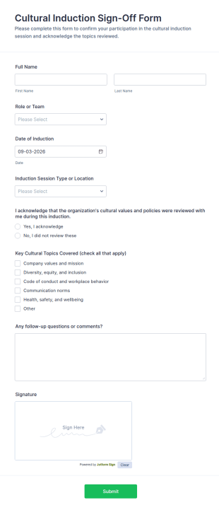 Cultural Induction Sign Off Form Template
