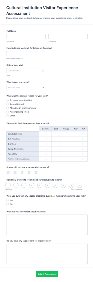Cultural Institution Visitor Experience Assessment Form Template