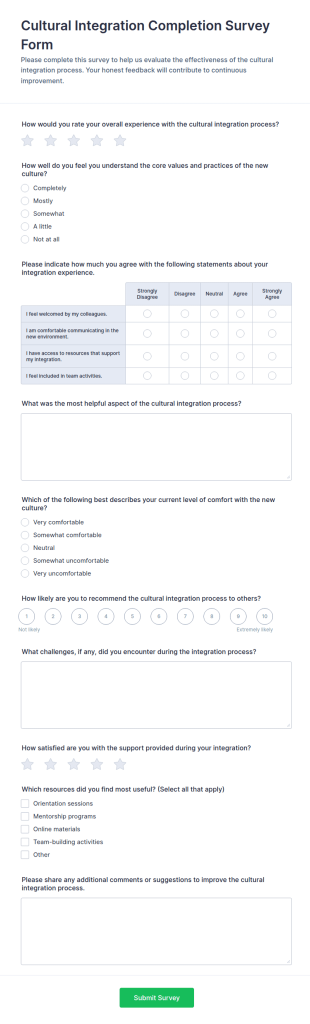 Cultural Integration Completion Survey Form Template