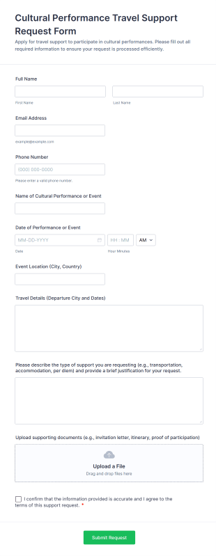 Cultural Performance Travel Support Request Form Form Template