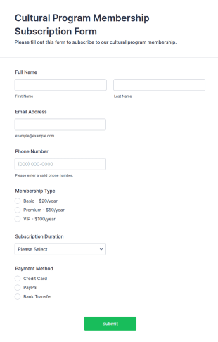 Cultural Program Membership Subscription Form Template