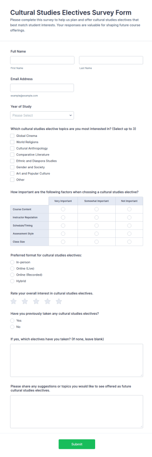 Cultural Studies Electives Survey Form Template