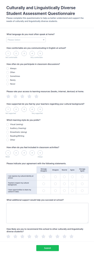 Culturally And Linguistically Diverse Student Assessment Questionnaire Form Template