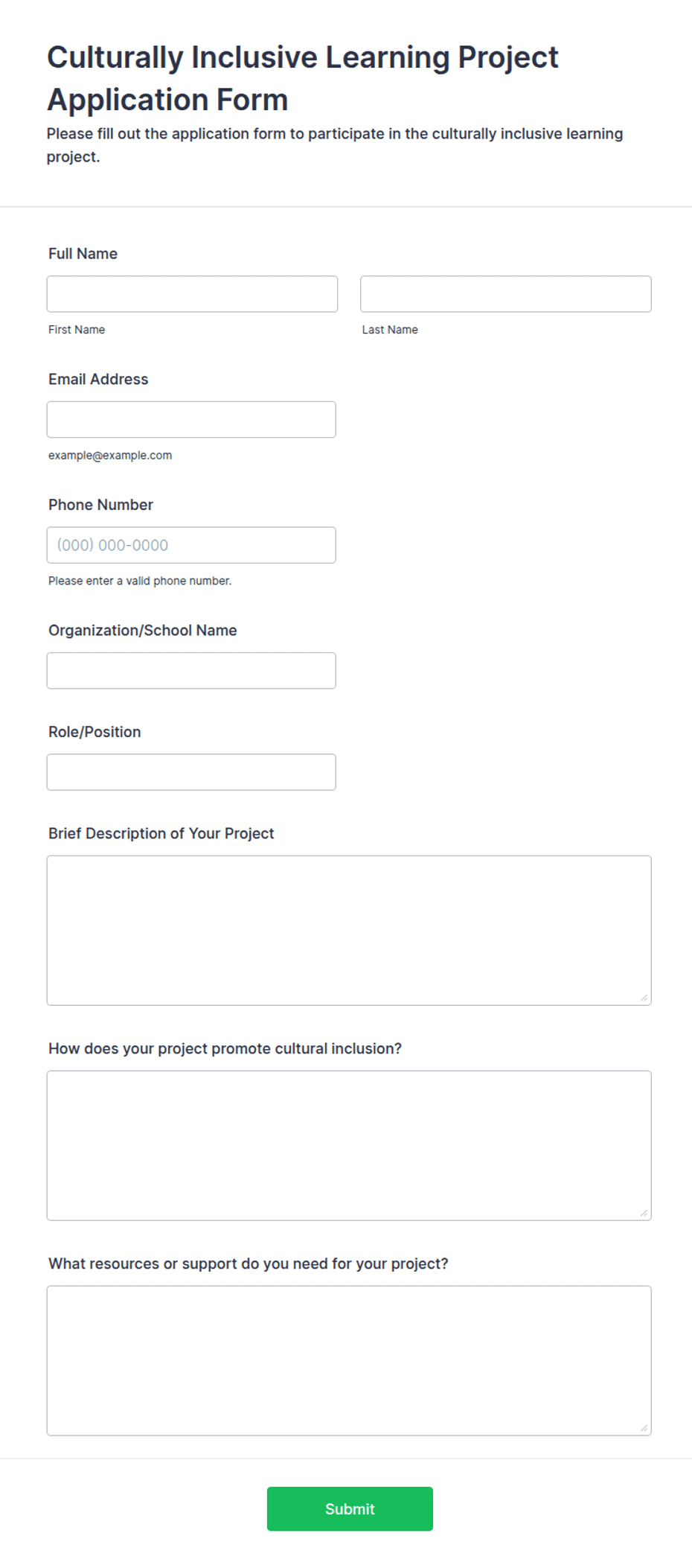 Internal Inclusion Form Culturally Inclusive Learning Project Application Form Template | Jotform