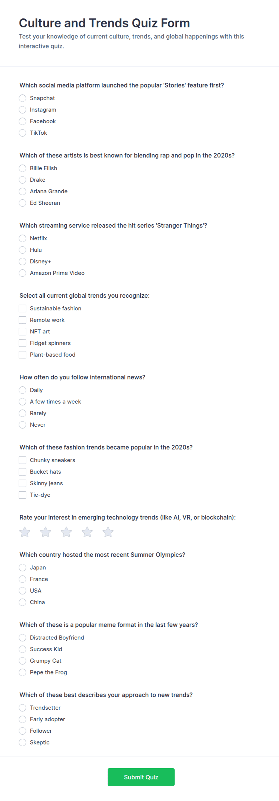 Culture and Trends Quiz Form Template | Jotform