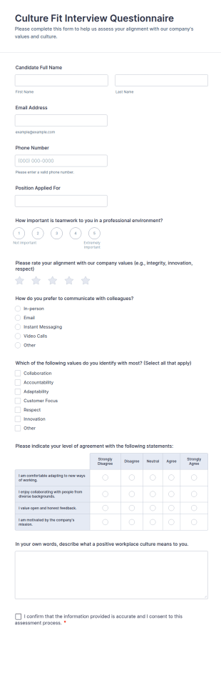 Culture Fit Interview Questionnaire Form Template