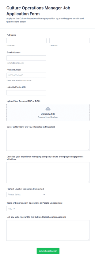 Culture Operations Manager Job Application Form Template