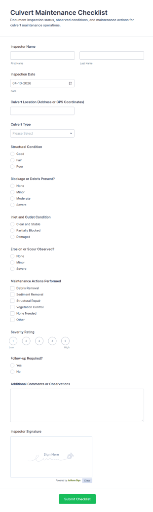 Culvert Maintenance Checklist Form Template