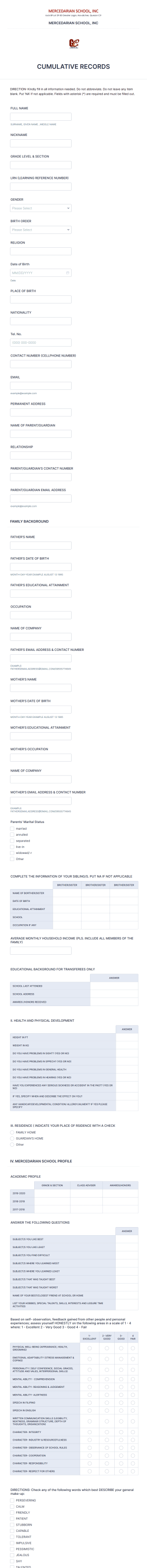 Cumulative Record Collection Form Template