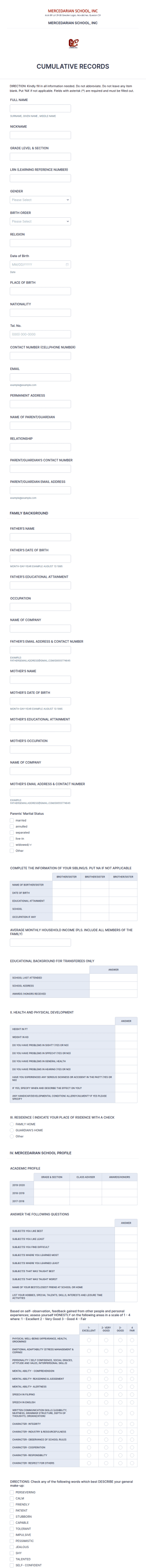 Cumulative Record Collection Form Template