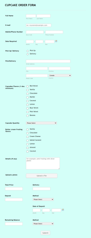 Online Cupcake Order Form Template