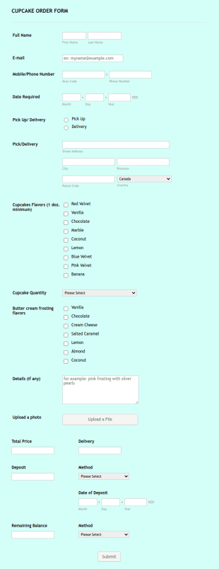 Online Cupcake Order Form Template