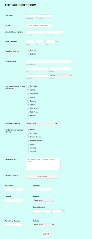 Online Cupcake Order Form Template