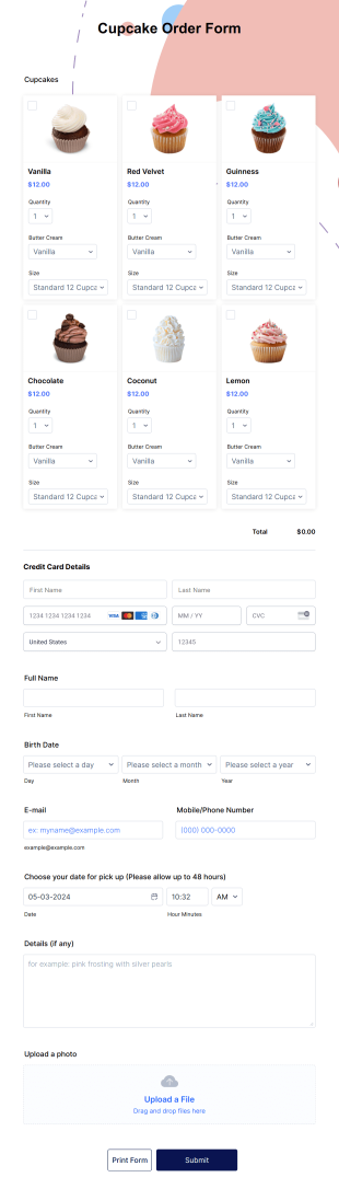 Cupcake Order Form Template