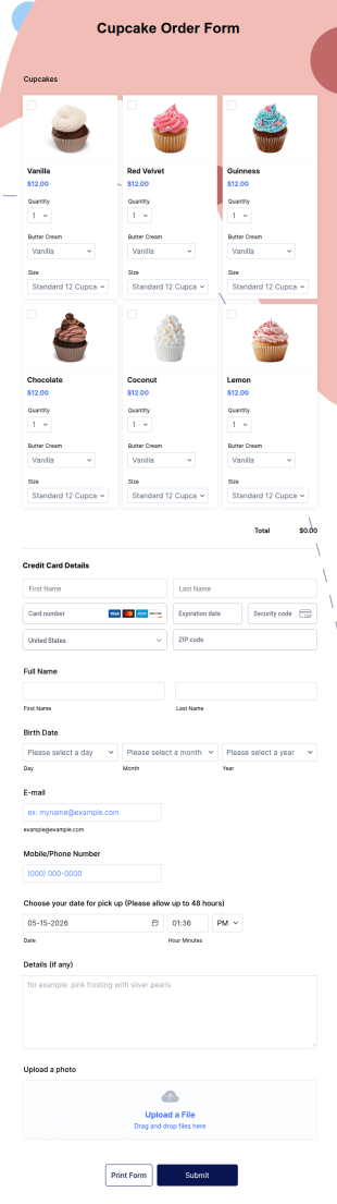 Cupcake Order Form Template