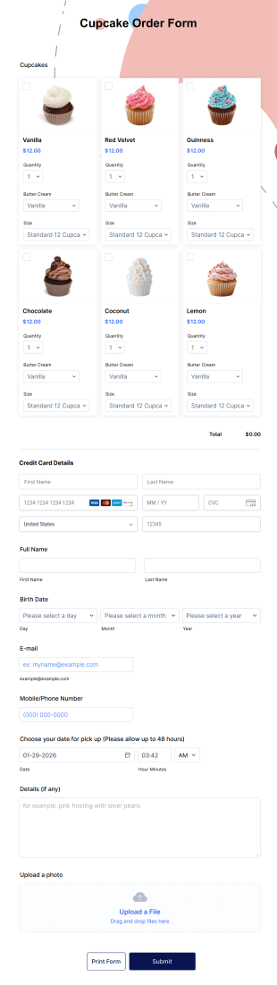 Cupcake Order Form Template
