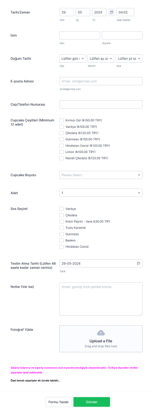 Cupcake Sipariş Form Template