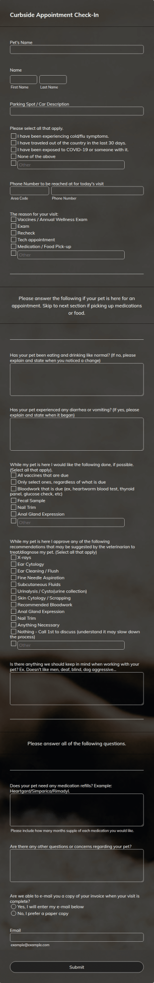 Curbside Appointment Check In Form Template