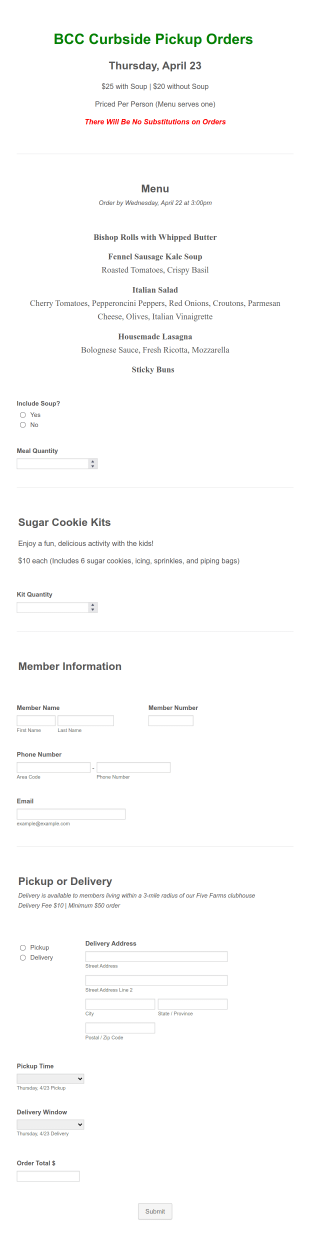 Curbside Pickup Menu Form Template