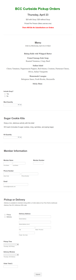 Curbside Pickup Menu Form Template