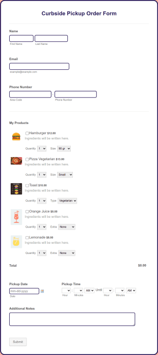 Curbside Pickup Order Form Template