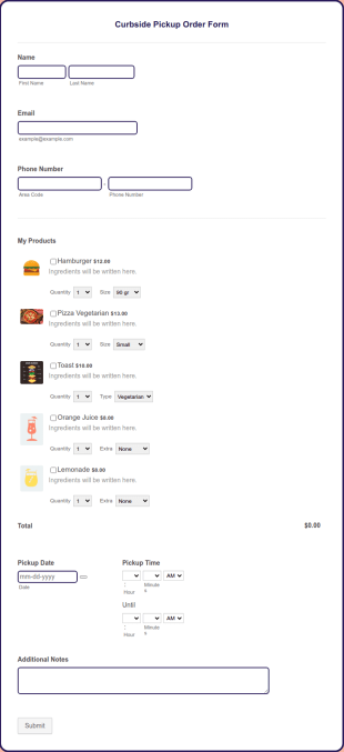 Curbside Pickup Order Form Template