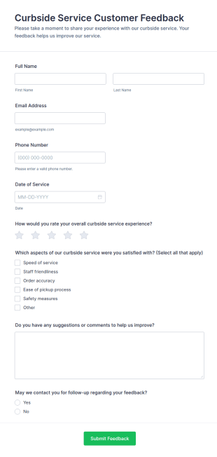 Curbside Service Customer Feedback Form Template