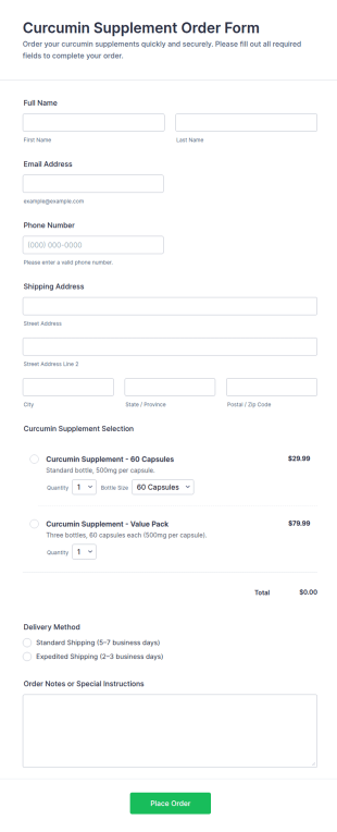Curcumin Supplement Order Form Template