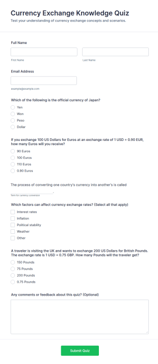 Currency Exchange Knowledge Quiz Form Template