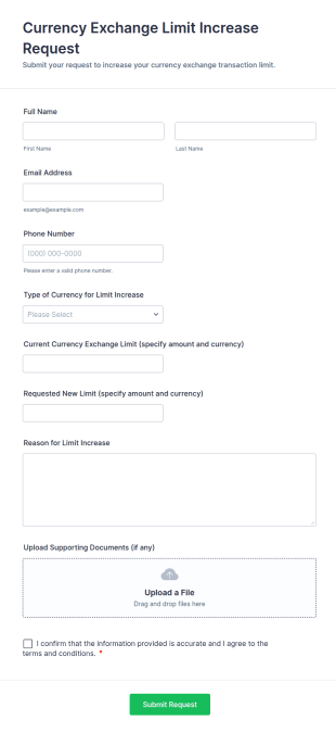 Currency Exchange Limit Increase Request Form Template