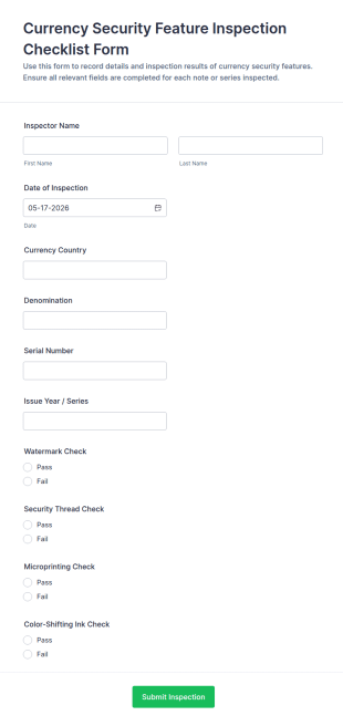 Currency Security Feature Inspection Checklist Form Template
