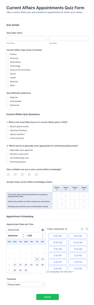 Current Affairs Appointments Quiz Form Template