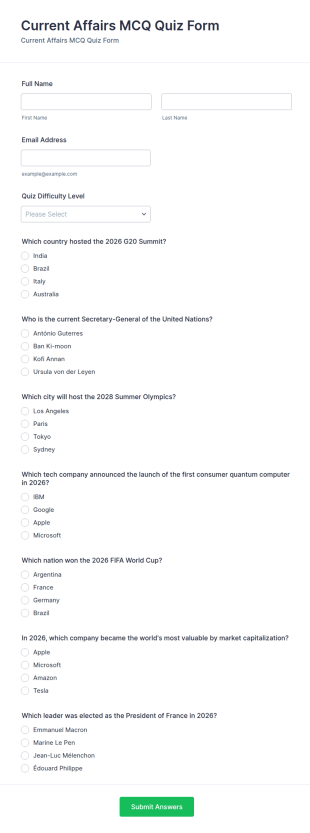 Current Affairs MCQ Quiz Form Template