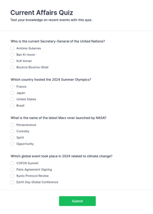 Current Affairs Quiz Form Template